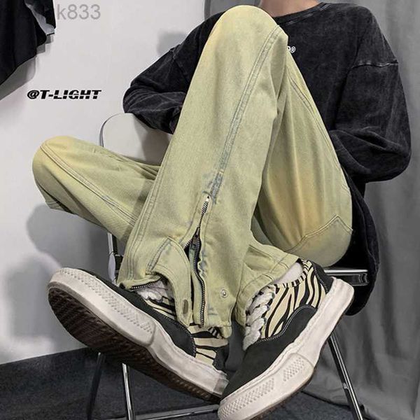 

jeans for menhigh street vibe pants for men's minority design sense vintage yellow mud jeans loose straight fit, Blue
