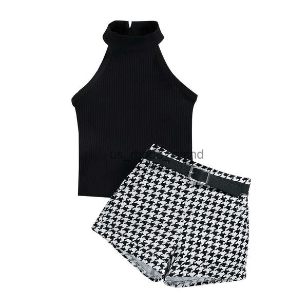 

clothing sets girls summer clothing outfit set children sleeveless ribbed solid color tank withplaid shortswithwaist belt 3pcs kid suit p230, White