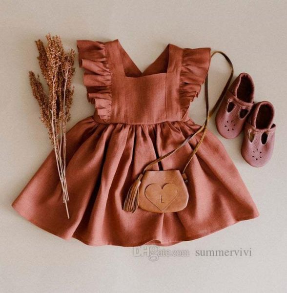 

baby girls falbala fly sleeve dresses kids soft comfortable cotton linen pleated dress children laceup bows backless princess clo9283139, Red;yellow