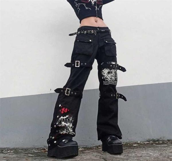 

punk style printed lowrise jeans women039s gothic fashion overalls with buckle pocket retro denim trousers y2k 2111294873041, Blue