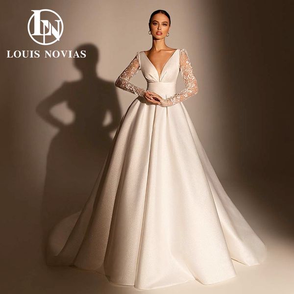 

a-line wedding dress 2023 deep v-neck long sleeves customized size modern satin dresses for bride vestidos de novia, White