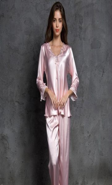 

women bowknot pajamas sets with pants long sleeve satin casual pyjama nightwear loose home clothes silk sleepwear pijama 2011137891271, Black;red