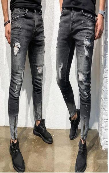 

mens stylish ripped skinny slim jeans fashion designer washed zipper panelled biker straight frayed stretch denim pants streetwear1294986, Blue