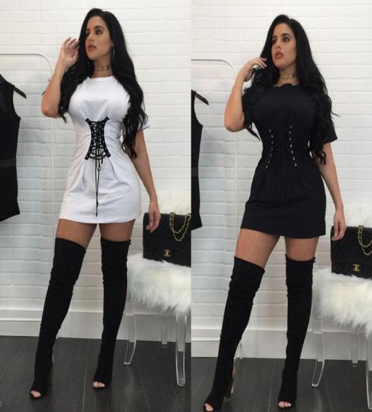 

fashion women039s solid black white round collar waist band short sleeve t shirt cotton a line dress9274197