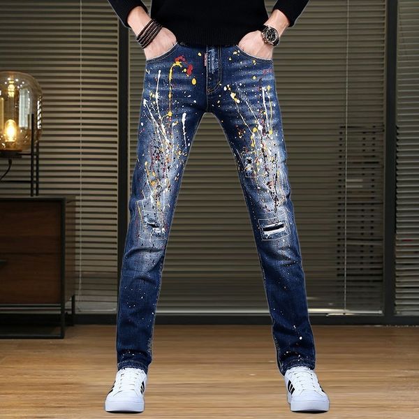 

men's jeans korea version mens anklelength ripped slim mess painting print stylish street jeans; 230711, Blue