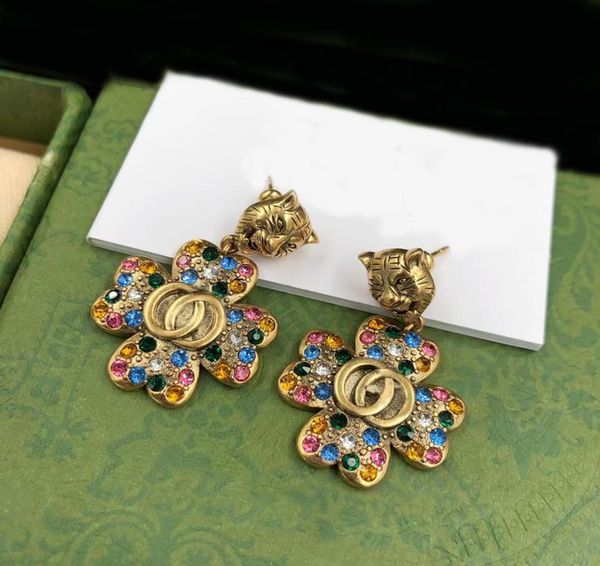 

new charm earrings fashion light luxury brand designer vintage leopard head colorful diamond petal earring wedding party high qual7359835, Golden