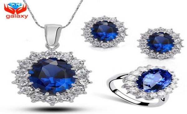 

luxury sapphire necklace earrings ring jewelry sets 18k white gold plated blue swiss cz diamond bridal wedding jewelry sets zs4759346, Slivery;golden
