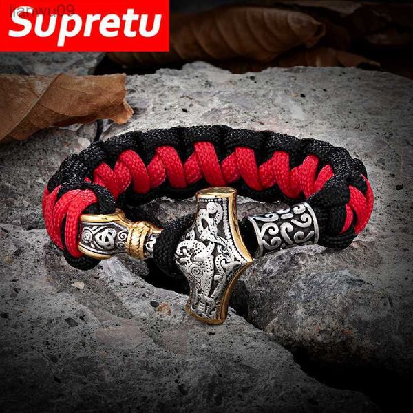 

handmade vikings thors hammer survival bracelets stainless steel paracord rope nordic amulet mjolnir scandinavian mens jewelry l230704, Black