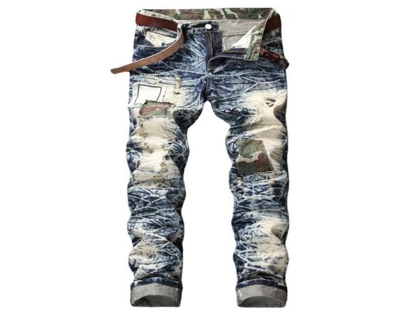 

men039s jeans 2021 mens slim straight patch washed beggar denim trousers fashion casual style pant for men8955144, Blue