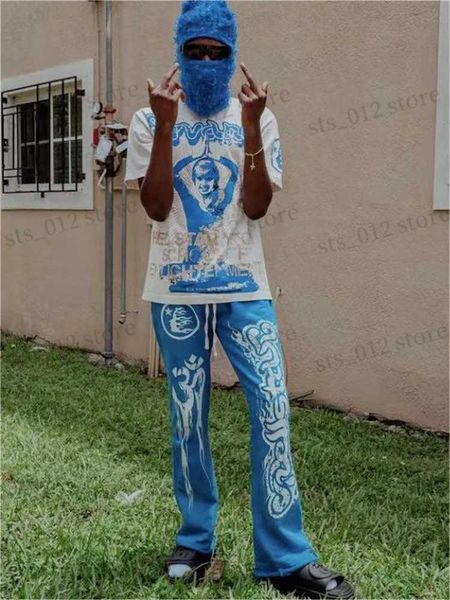 

men's pants hellstar dios blue retro mud print distressed men's and women's fashion sports casual pants bell-bottoms t230712, Black