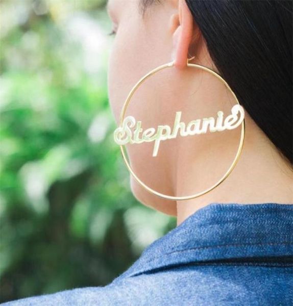 

1 pair rose gold custom name earrings for women personalized stainless steel nameplate hoop earings fashion jewelry brincos 2009233276206, Golden;silver