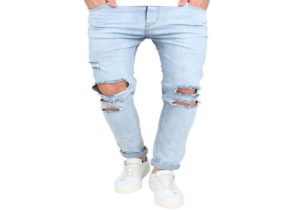 

fashion mens skinny jeans ripped slim fit stretch denim distress frayed jeans boys embroidered patterns pencil trousers j1806095334920, Blue