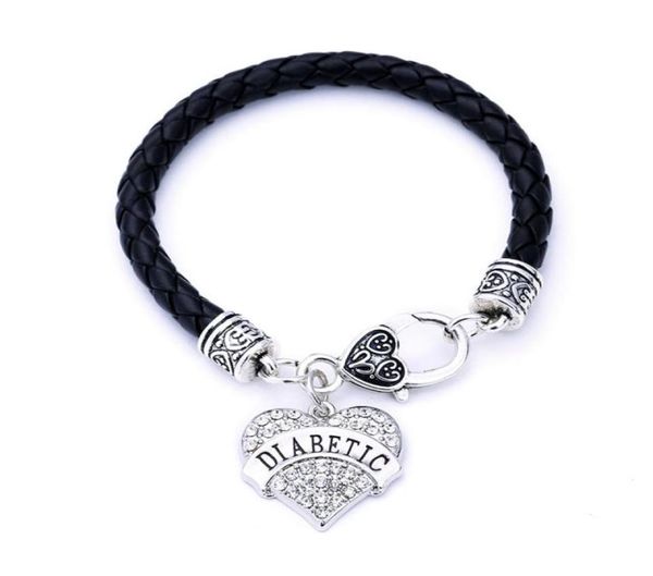 

diabetic awareness alert crystal heart silver charm with 75quot leather chain lobster claw bracelet1986371, Golden;silver