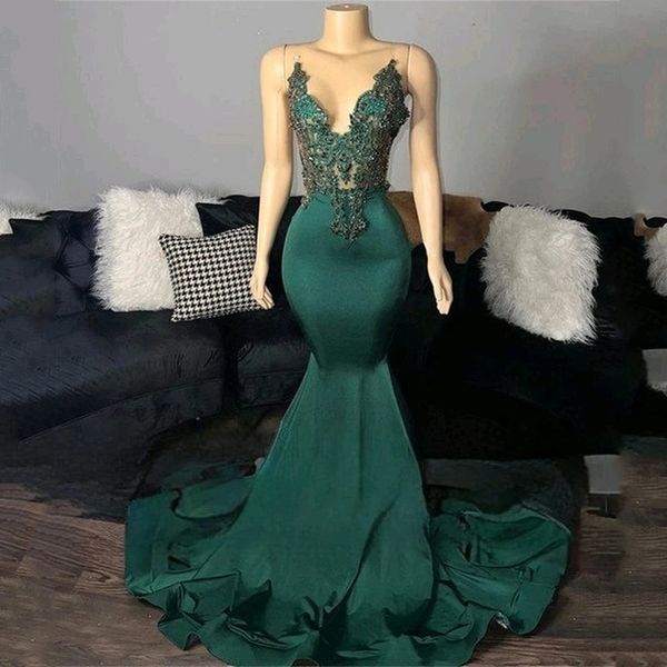 

green mermaid long prom dresses 2023 v-neck glitter crystals beading party gowns for black girls robe de bal open back