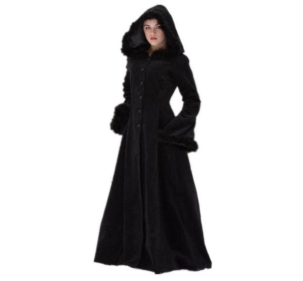 

women039s wool blends women autumn winter vintage coat steampunk floor length hooded medieval warm fur trim maxi gothic witch5157601, Black