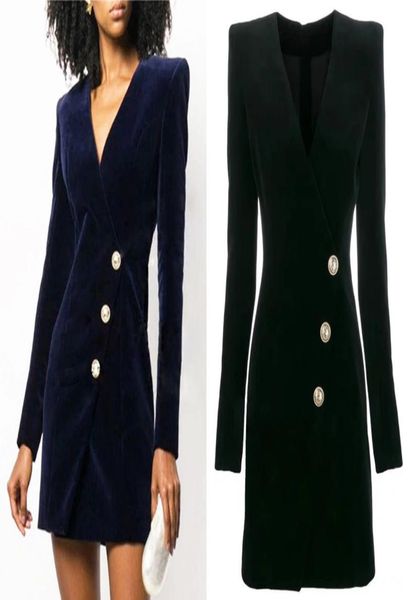 

european and american catwalk with the same lion button long sleeve velvet slim temperament dress7563604, Black