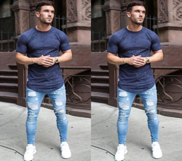 

fashion mens stretchy ripped skinny biker jeans destroyed taped slim fit denim pant vintage hole pencil trousers7983727, Blue