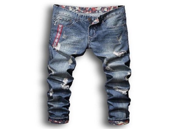 

pants with stripes hiphop plus size 38 vintage washed straight pants stretch ripped jeans men x06218036024, Blue