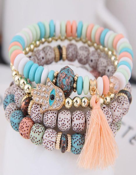 

vintage 4pcslot women bracelets set bohemia charm hand natural stone beads tassel pendent bracelets3527504, Black