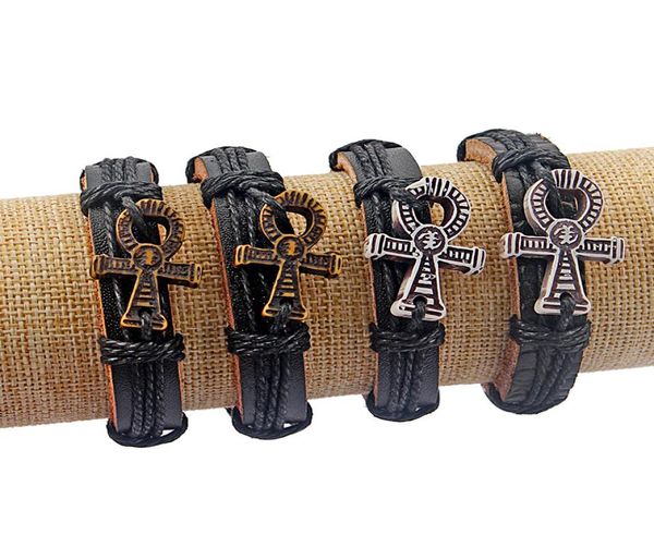 

12pcs men women wrap leather dark brown egypt ankh charm bracelets2357542, Golden;silver