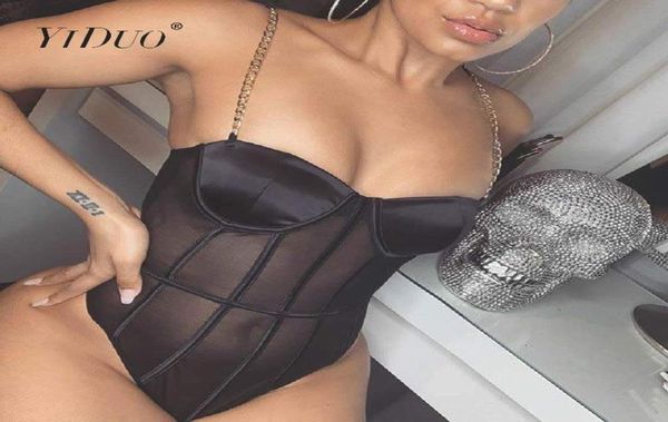 

yiduo black mesh transparent bodysuit metal chain straps backless bodysuits bodycon jumpsuit fashion club party white pink t27573076, Black;white