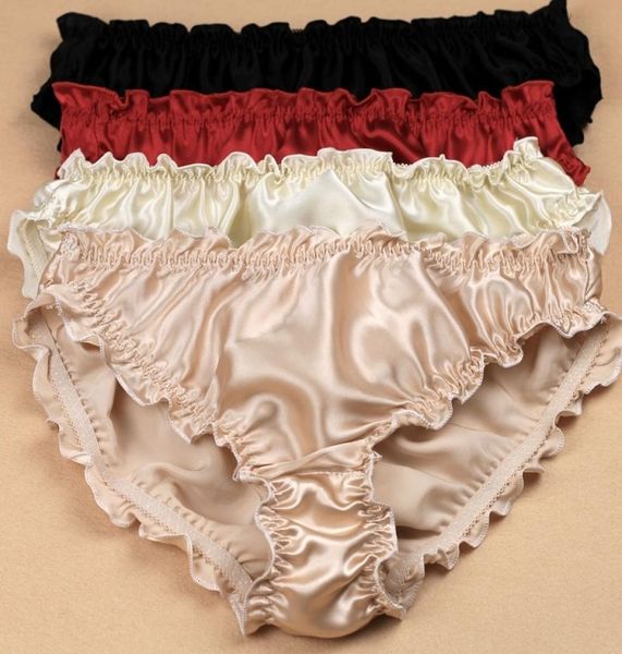 

3pcslot quality women039s silk panties ruffle crepe satin antibiotic lowwaist trigonometric panties plus size 2011121827404, Black;pink