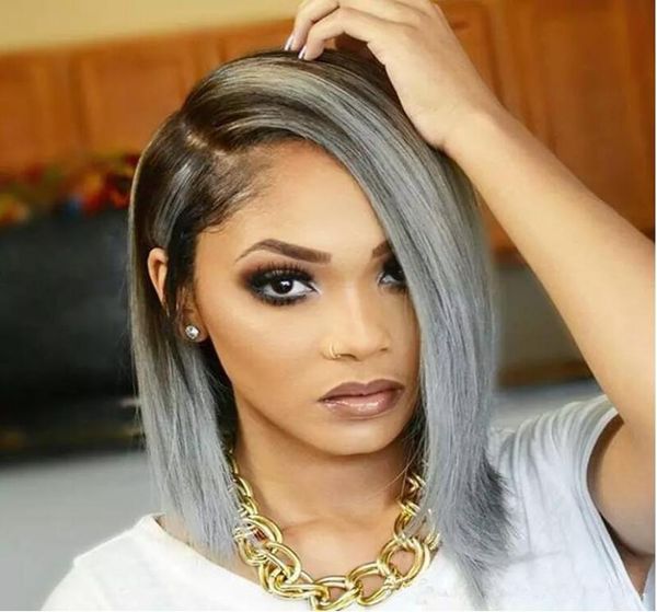 

8a ombre silver grey full lace wigs virgin brazilian human hair t1b gray dark rooted human hair lace front wig straight hair6398724, Black;brown