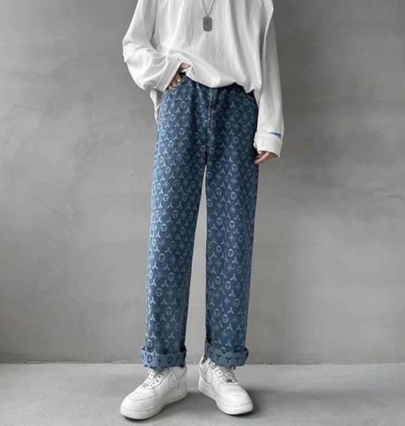 

men s jeans american retro jacquard men autum summer thin street ruffian handsome loose pants straight drop vintage denim distress9570401, Blue