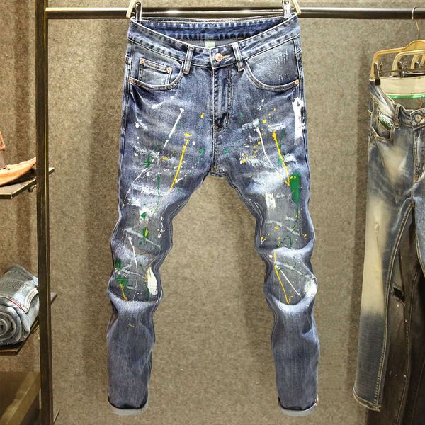 

trendy brand torn patch jeans for men's summer trend high street splashed ink paint slimming small feet scraped long pants, White;black