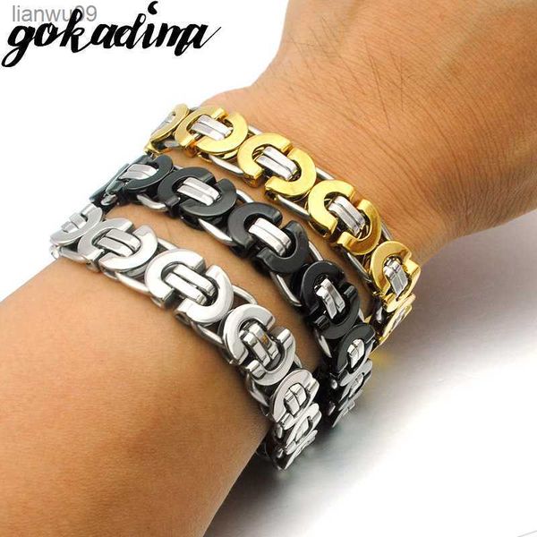 

gokadima men bracelet gold color stainless steel flat byzantine chain bracelet for christmas gift hip hop jewelry l230704, Black