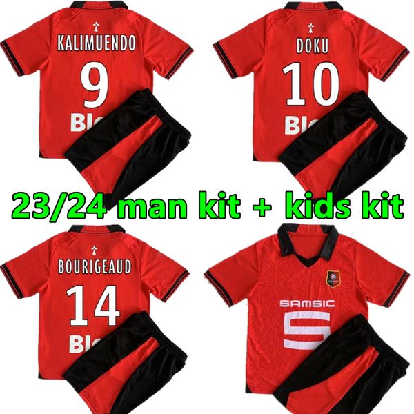 

23 24 stade rennais terrier man kids kit soccer jerseys doku bourigeaud toko ekambi gouiri majer traore home short sleeves men kids football, Black;yellow