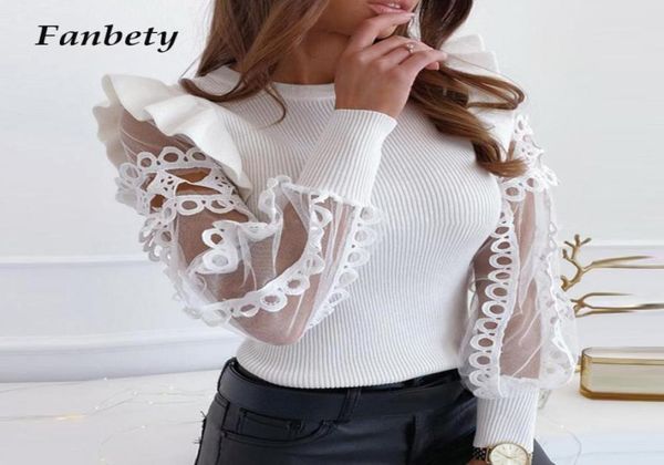 

fashion women spring mesh lace blouse shirt round neck trim frill ribbed long sleeve solid pullovers blusa3529575, White