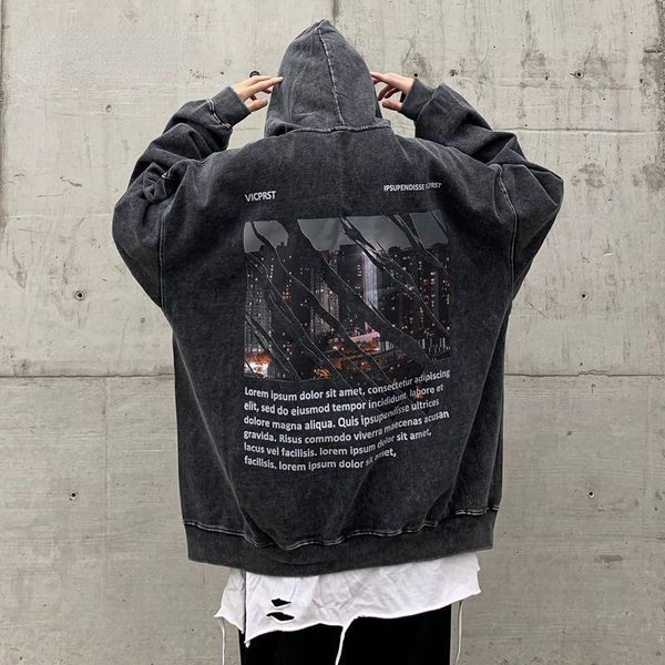 

men's hoodies sweatshirts american retro washed old sweater men and women autumn vintage european brand loose hooded jacket anime hoodi, Black