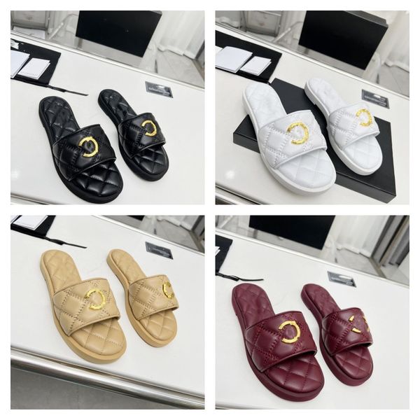 

2023 womens quilted leather sandal embroidery padded platform slides designer mules gold interlocking c metal buckle chan c sandals summer s, Black