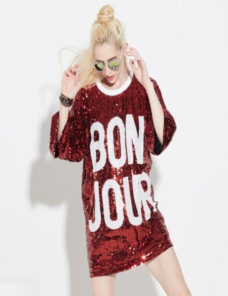 

casual dresses women oneck 34 sleeve loose logo sequin tshirt dress summer streetwear hip mesh oversized long tee5788559, Black;gray
