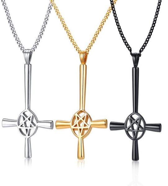 

daily deals choose silver gold black stainless steel satan stand upside down star cross pendant mens necklace fashion jewelry 4mm24828299