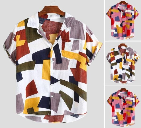 

cotton hawaiian shirt men turn down collar geometric print summer shirts casual streetwear mens clothing camisa masculina3002337, White;black