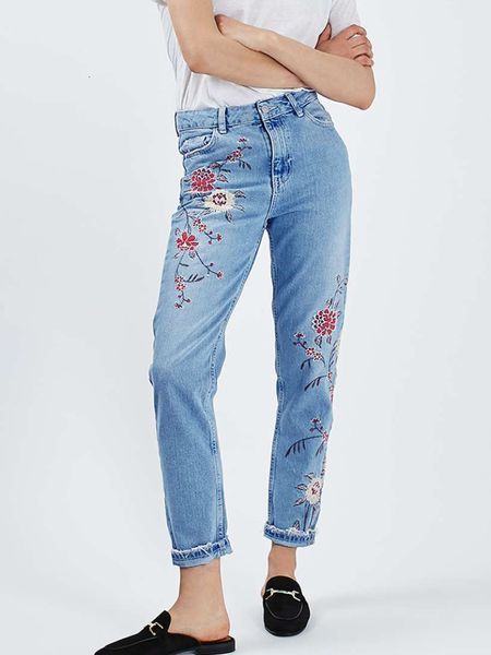 

skirts fashion embroidery flower jeans street wear casual high waist pants lady elegant denim blue travel p ography straight 230711, Black