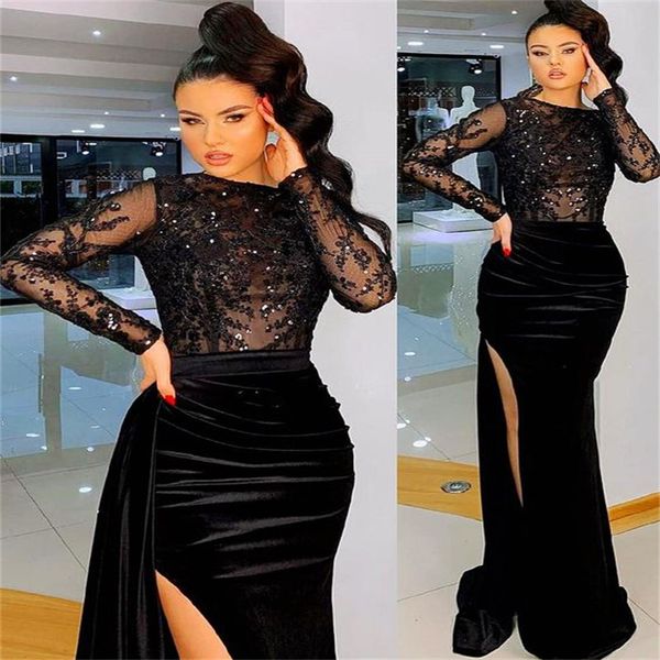 

gorgeous mermaid velvet prom dress with slit elegant long sleeve lace night party evening gowns chic women african ceremony wear robe de soi, Black