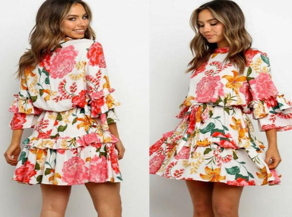 

2020 women casual dresses boho beachwear flower print wrap three quarter sleeve dresses ruffles dress6749194, Black;gray