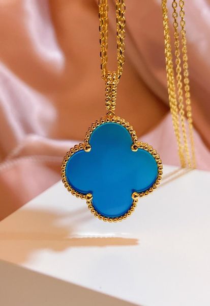 

female designer necklace blue ceramic pendant large flower fourleaf clover blue romantic 25cm popular season with women039s c4508298, Silver