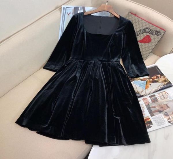

2021 autumn black velvet women dress designer square collar 34 sleeves vestidos de festa milan runway dresses womens 930032287560