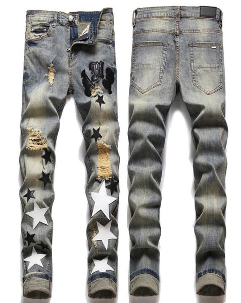 

size 38 men039s vintage rip jeans patch skinny fit appliqued paint splattered art distressed jeans2523665, Blue