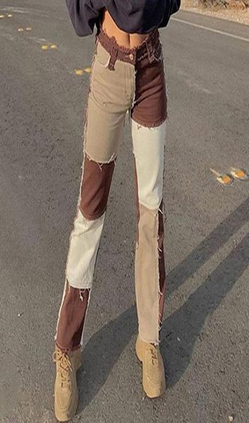 

autumn brown women cowboy striped patchwork jeans street casual hip hop high waist loose straight jeans womens fashion pants8742892, Blue