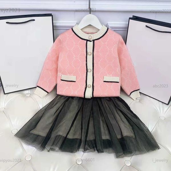 

children clothing sets girls knitted cardigan +no-sleeved skirts princess mesh dresses baby suits kids clothes two piece set, White