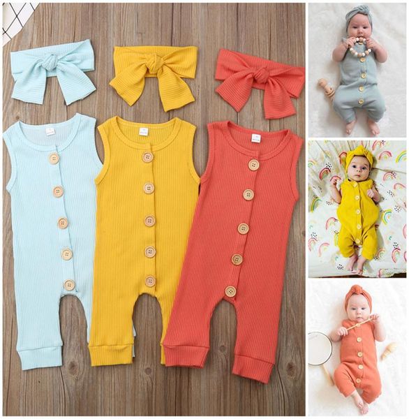 

kids rompers girls boys sleeveless romperbow headbands newborn infant buttons jumpsuits summer baby climbing clothes z06267314185, Blue