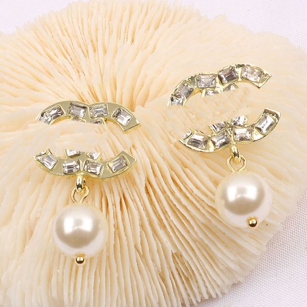

gold plated designer brand earrings designers double letter stud earring for women&girl rhinestone pearl earring wedding party jewerlry 20 s, Golden;silver