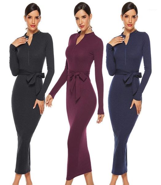 

casual dresses plus size 5xl autumn winter knit sweater midi dress slim stand collar zipper sashes solid stretchy vestido3945892, Black;gray