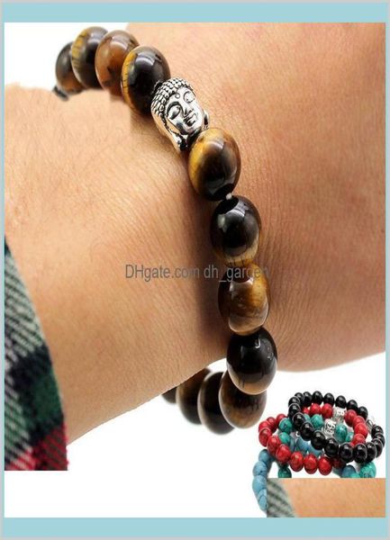 

est fashion 10mm tiger eye beads buddha men bracelets prayer chakra healing meditation turquoise natuarl stone yoga women jewelery3859511, Black