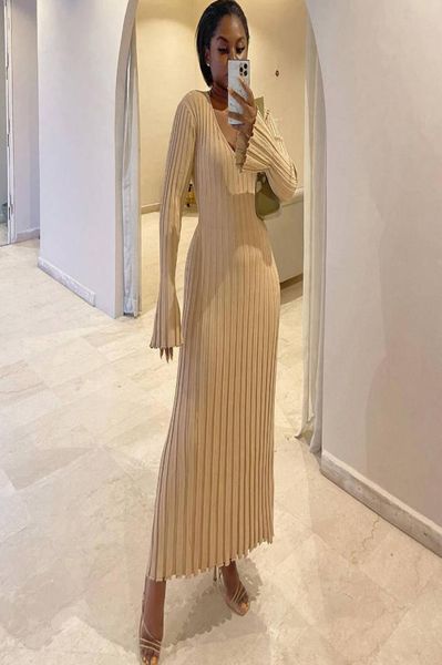 

knitted dresses for women 2022 autumn winter elegant pleated long dresses long sleeve v neck casual slim white maxi dress1529198, Black;gray
